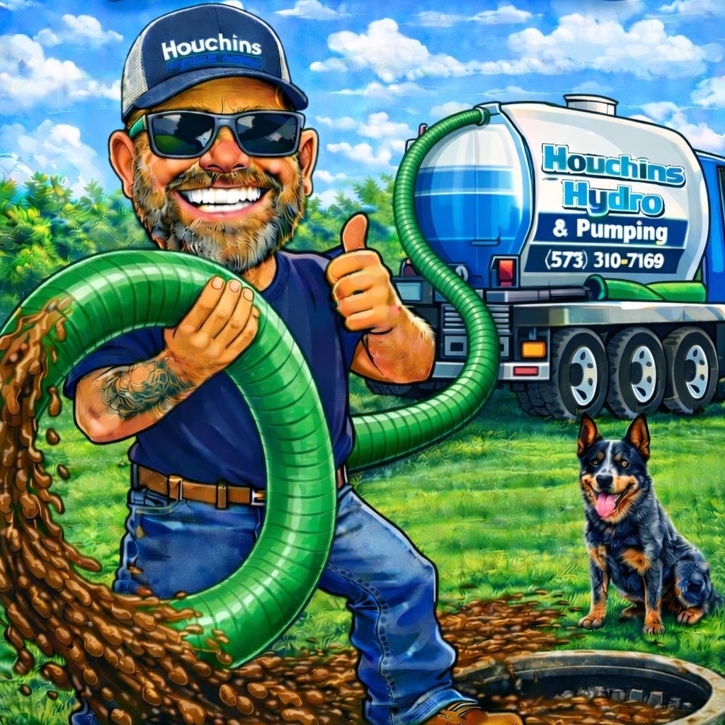 Houchins Hydro and Pumping's own illustration: the owner with a suction hose, the tanker behind him and a blue heeler sitting in the grass
